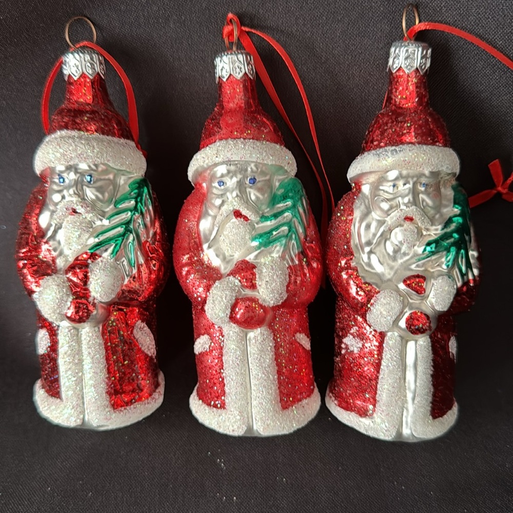 VINTAGE HAND BLOWN & PAINTED POLISH MERCURY GLASS SANTA
CHRISTMAS ORNAMENTS